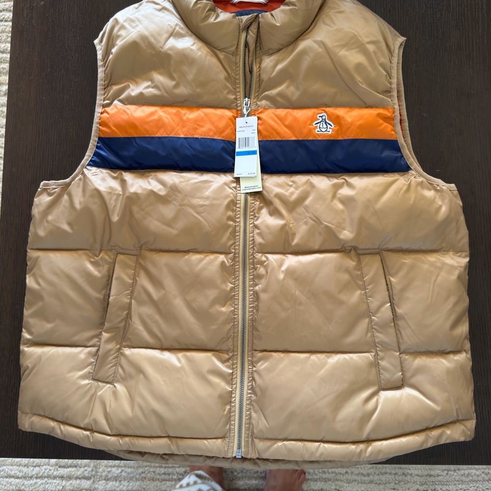 Original Penguin Men's Tan Puffer Vest with Orange and Navy Accents